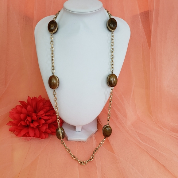 Baskin Brothers Brown Lucite Bead Statement Necklace 34" Long Gold Tone Chain - Picture 9 of 9
